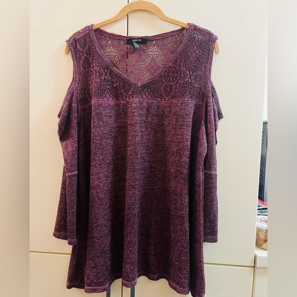 STYLE &CO Womens Shirt Sz XL Purple Cold Shoulder Long Sleeve Blouse Top plum